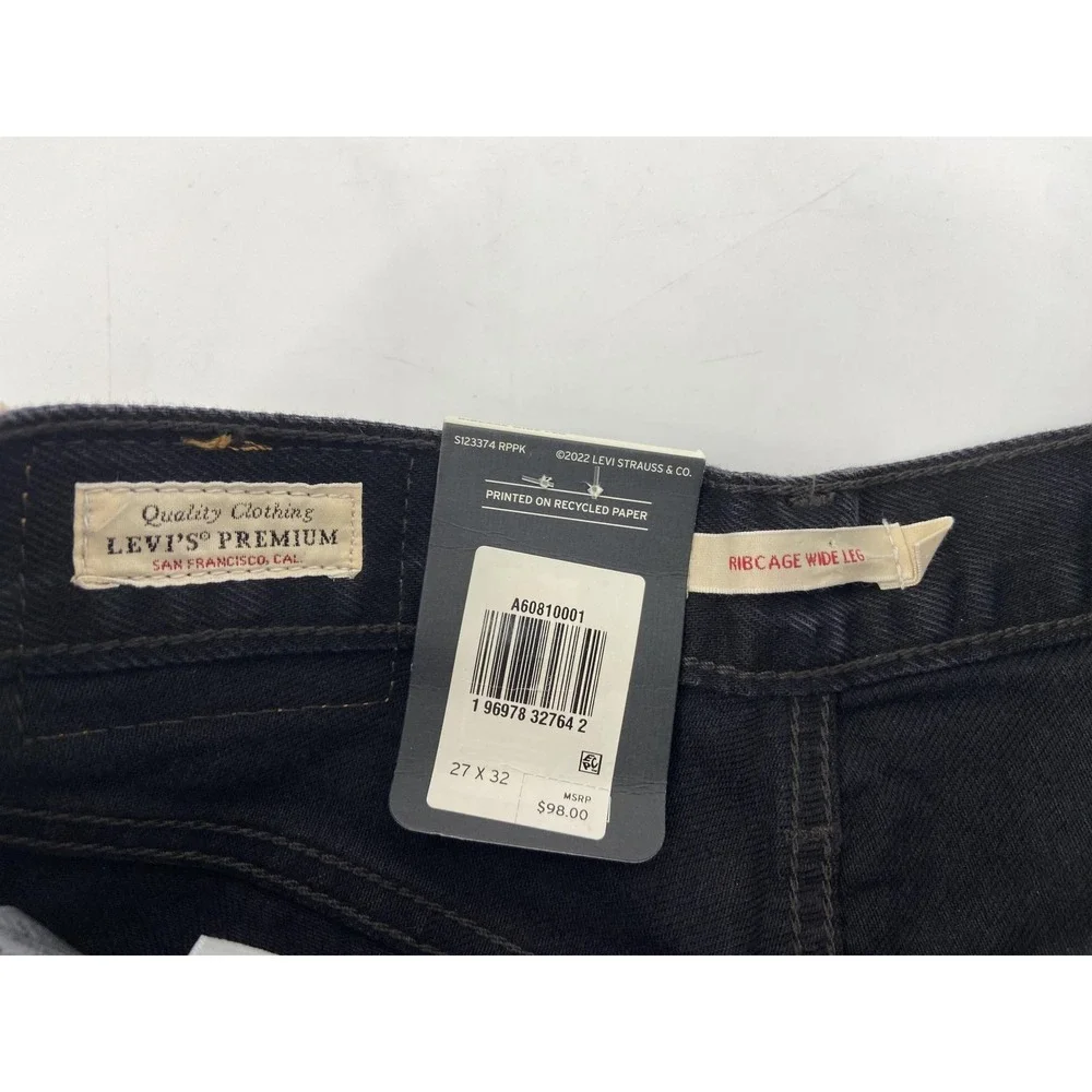 Levis Jeans Womens 27x32 Black Ribcage Wide Leg High Rise Denim Casual Premium - Picture 3 of 10